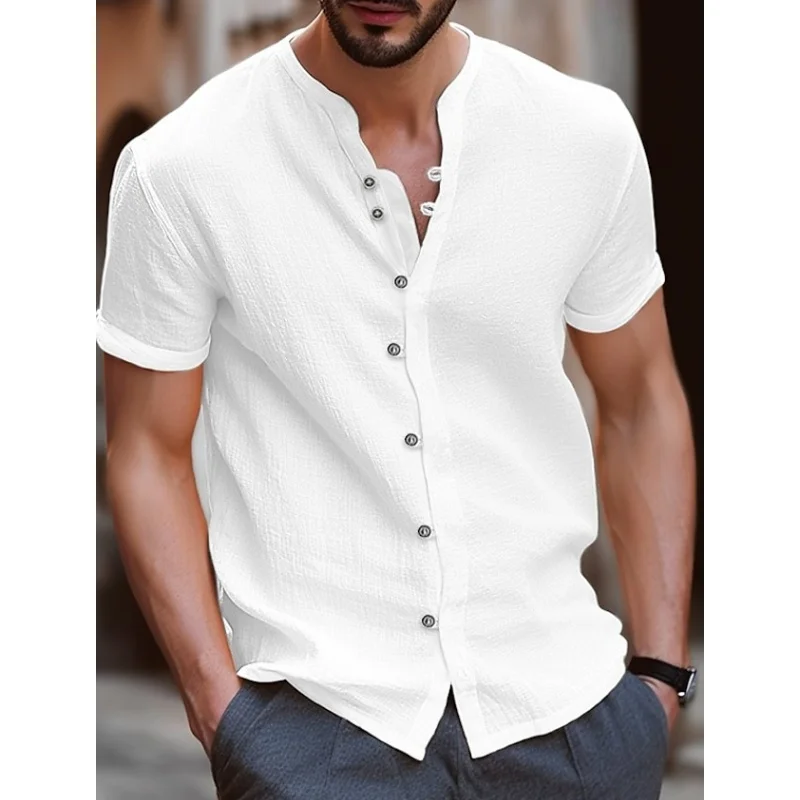 

2024 Cotton hemp hot sell men's short sleeve shirt summer solid color stand collar casual beach style shirt