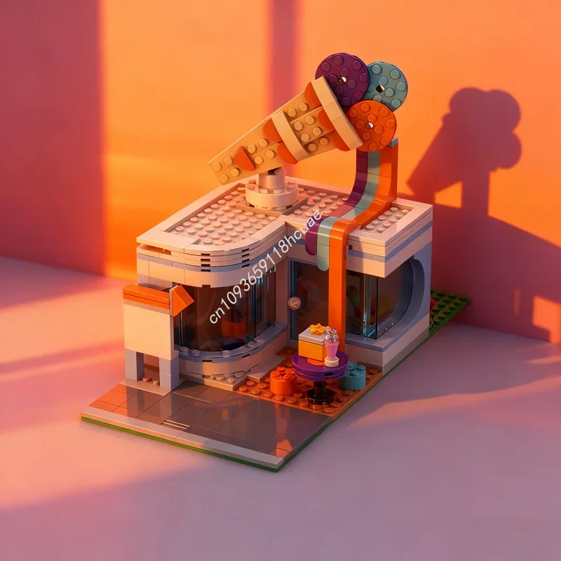 

303 детали, модульная модель магазина мороженого MOC, строительные блоки, рождественские подарки, архитектурные игрушки, креативная идея, подарок на день рождения для детей