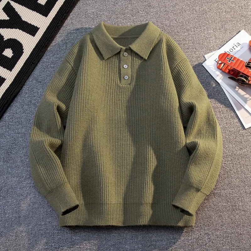 

Повседневный вязаный свитер с длинным рукавом, свободного кроя, модный мужской осенне-зимний топ с воротником, утепленный, теплый, из мягкого хлопка