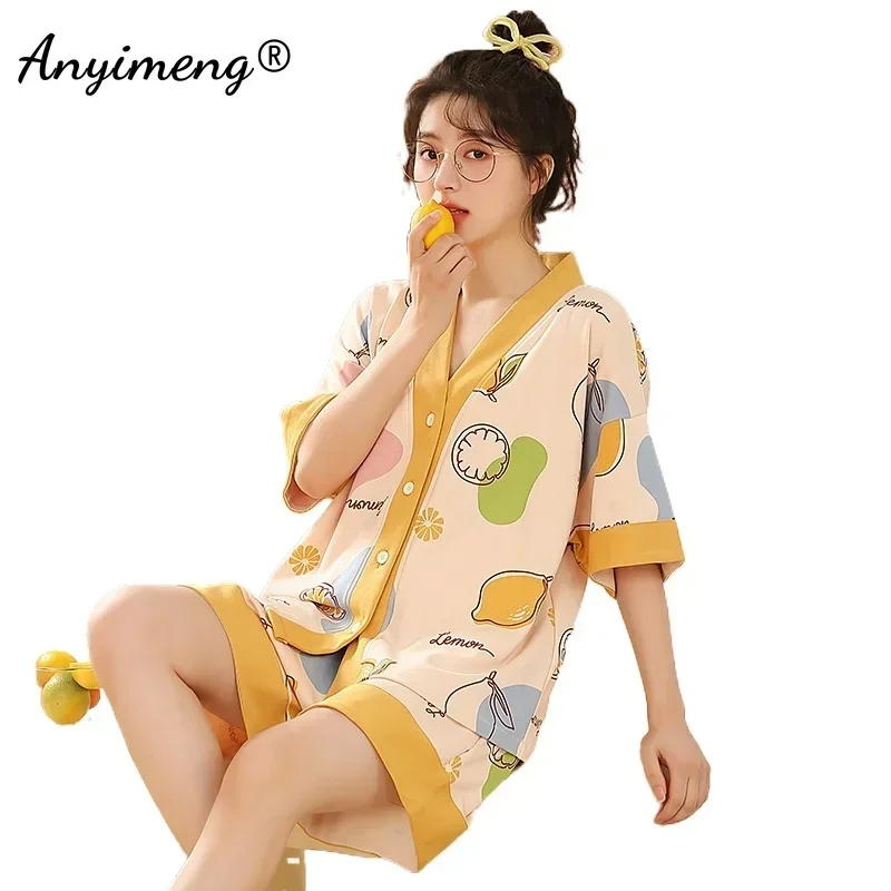 

Summer Juice Women Pajamas M-5XL Plus Size Kimono Sleepwear Casual Shorts Loungewear Cotton Lapel Cartoon Homesuits 2 Pieces Set