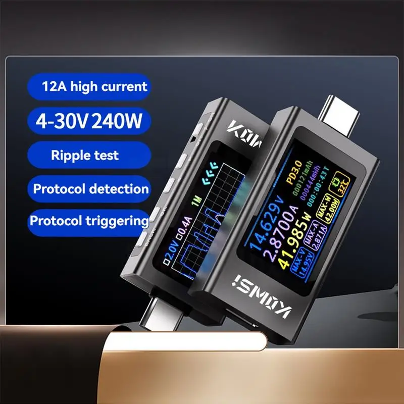KOWSI KWS-X1 Type-C Tester DC 3.3-36V 0-12A Digital Voltage Current Detection Meter IPS Display Fast Charging Trigger Meter
