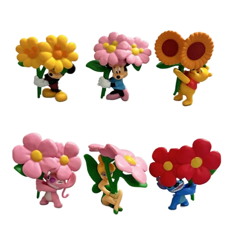 6pcs/set Disney Winnie The Poop Mickey Mouse Minnie Stitch Hand Bouquet Figures Model Doll Cute Ornaments Brithday Xmas Gifts