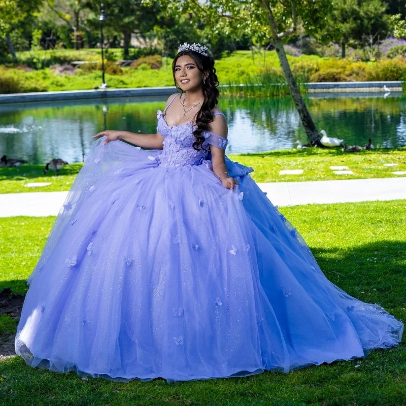 

Lavender Quinceanera Dress 2024 Ball Gown Off The Shoulder Butterfly Beads Tull Party Birthday Sweet 16 Vestidos De 15 Años