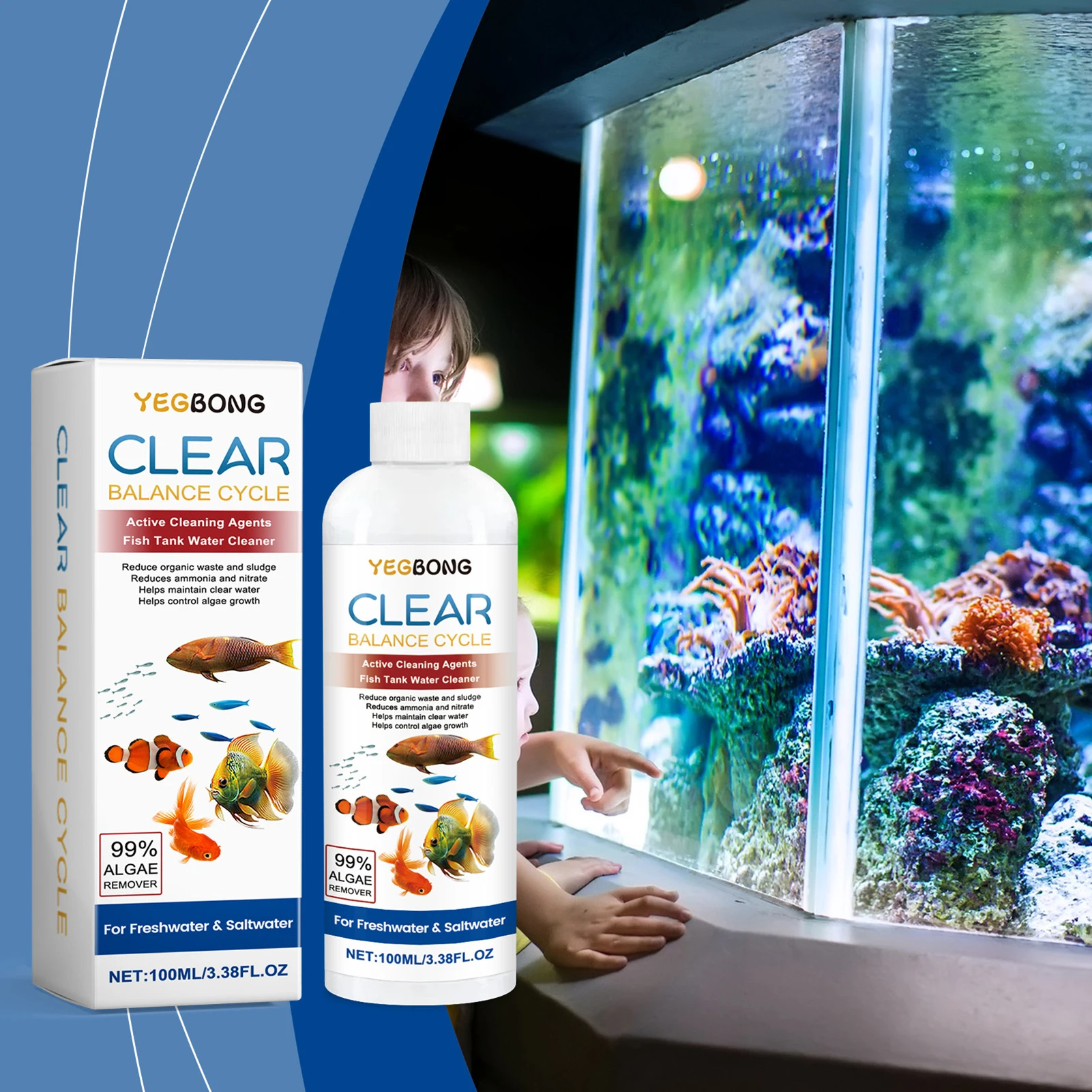 Leistungsstarker Aquarium-Wasserreiniger, Algenentferner und Vorbeugungsmittel, reinigt sofort trübes Wasser für Frische und Salzwasser