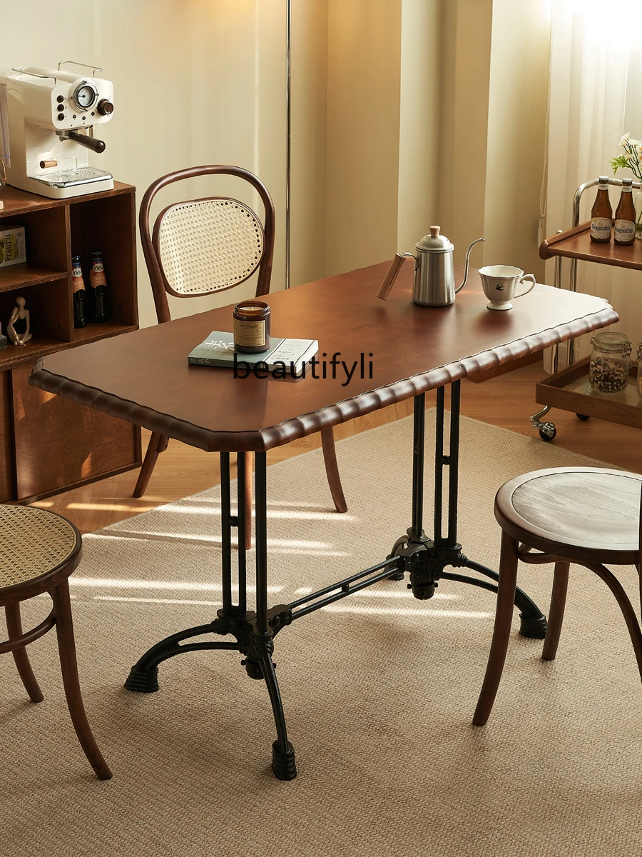 French Style Vintage Dining Table Solid Wood Rectangular Living Room Home Leisure Restaurant Coffee Shop Table Simple