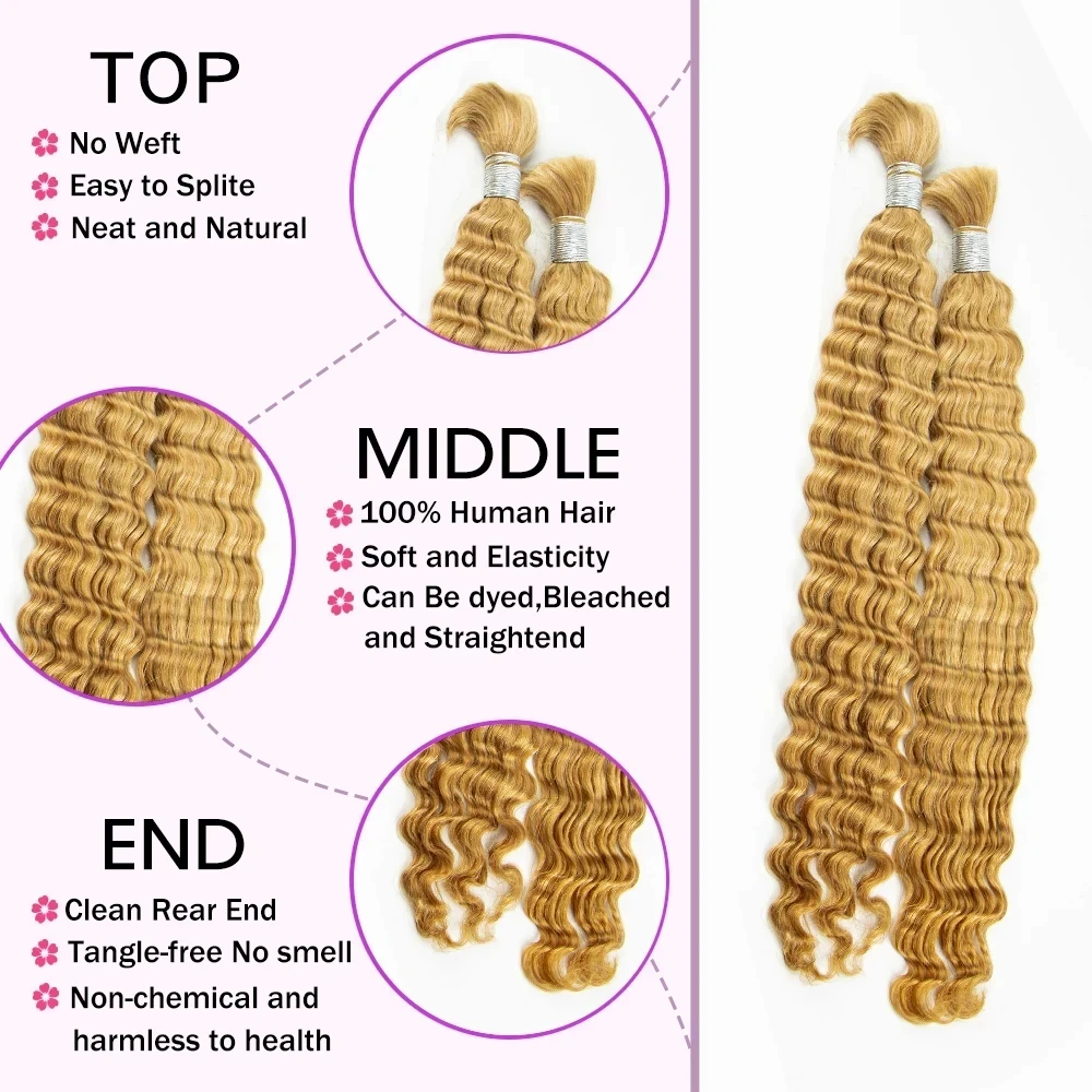 Braiding Hair Bulk for Boho Knotless Braids Bulk Deep Wave Micro Braiding Human Hair 27# Honey Blonde Deep Wave Human Hair Bulk