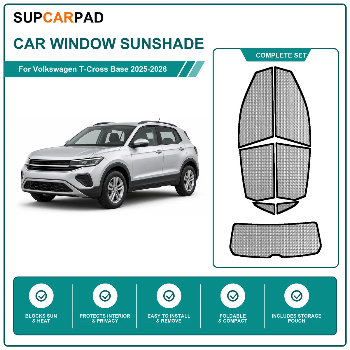 For Volkswagen T-Cross Base 2025-2026 Full Set Car Window Sunshades UV Block Privacy Heat Insulated Foldable Car Curtain