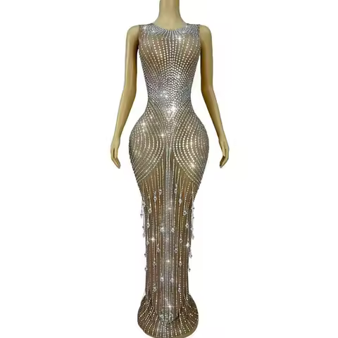 Luxurious Sparkly Crystals Pendants Outfit Stretchy Mesh Dress Evening Wedding Elegant Gown Red carpet Prom Photoshoot Costume