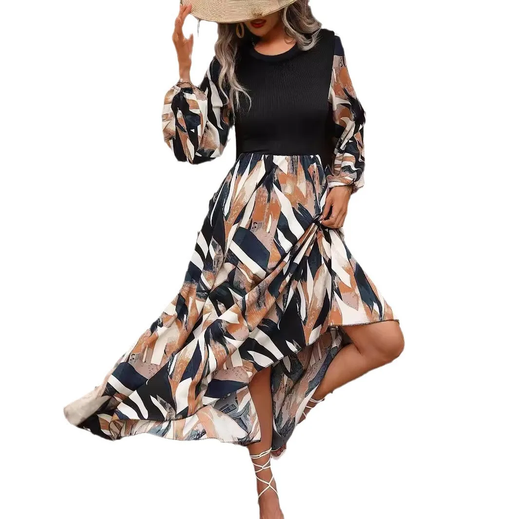 Dress Women Elegant Party Frauen Bekleidung Spring Summer Vacation Dress Women's Spliced ​​Round Neck A-Line Printed Long Dress