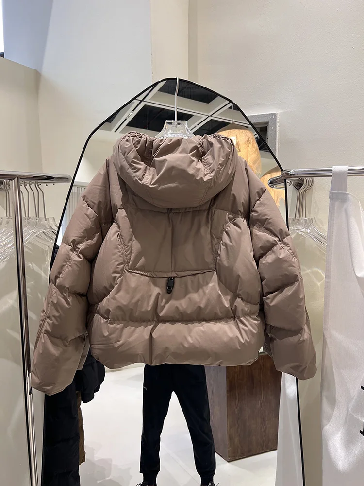 2025 new 90 down jacket sleeve zipper design short style women's hooded fashion loose simple warm white duck down coat