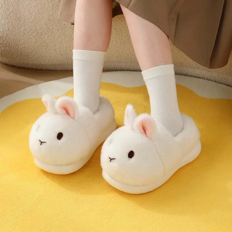 SHAJI Cute Bunny Rabbit Fluffy Plush Slippers For Couples Autumn Winter Non-Slip EVA Sole Indoor Warm Home Shoes