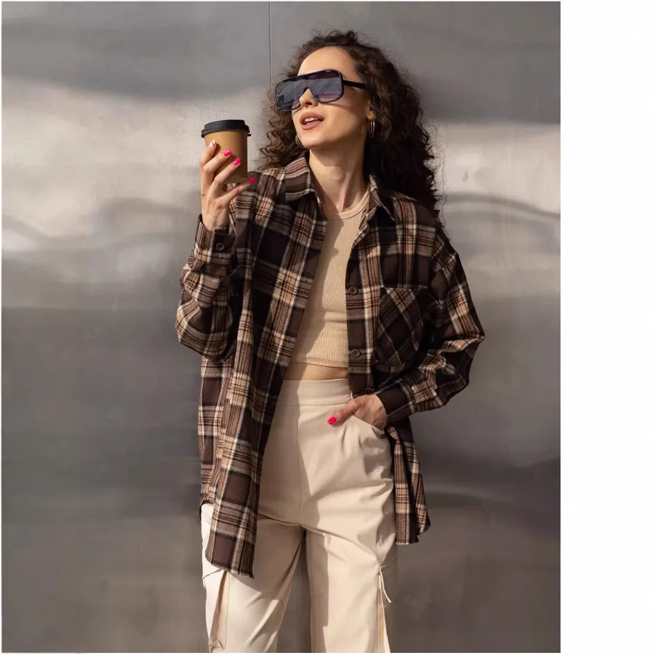 Camisa Camel para mujer, camisa holgada a cuadros de manga larga, cárdigan, Top informal para mujer, camisa Vintage con botones, cuello tipo Polo, mezcla de algodón