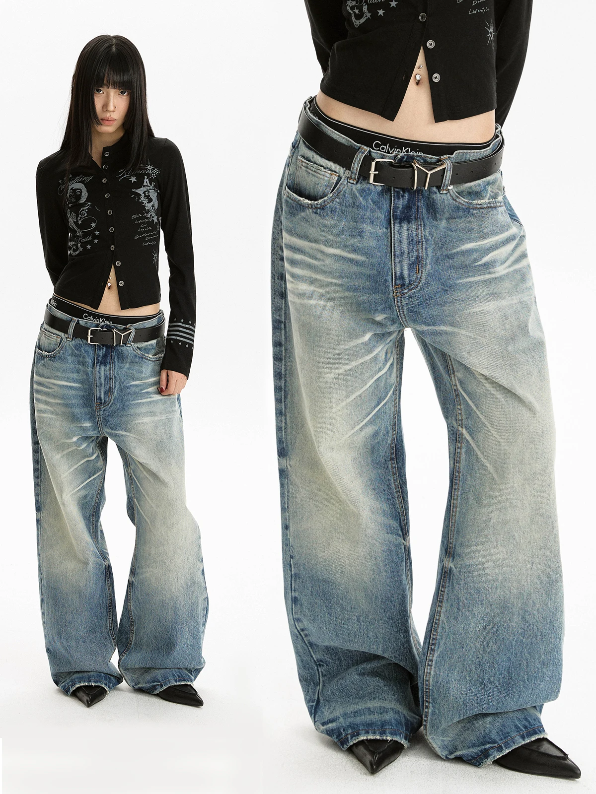 

Apocket American High Street Washed Blue Faded Straight Leg Jeans Design Commute Floor-Length Pants Women
