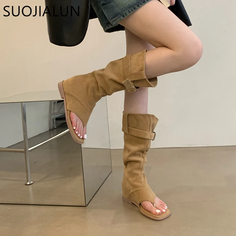 SUOJIALUN 2023 Autumn Women Loog Boot Fashion Open Toe Ladies Elegant Sandal Brand Wedge Heel Ladies Outdoor Knee High Boots