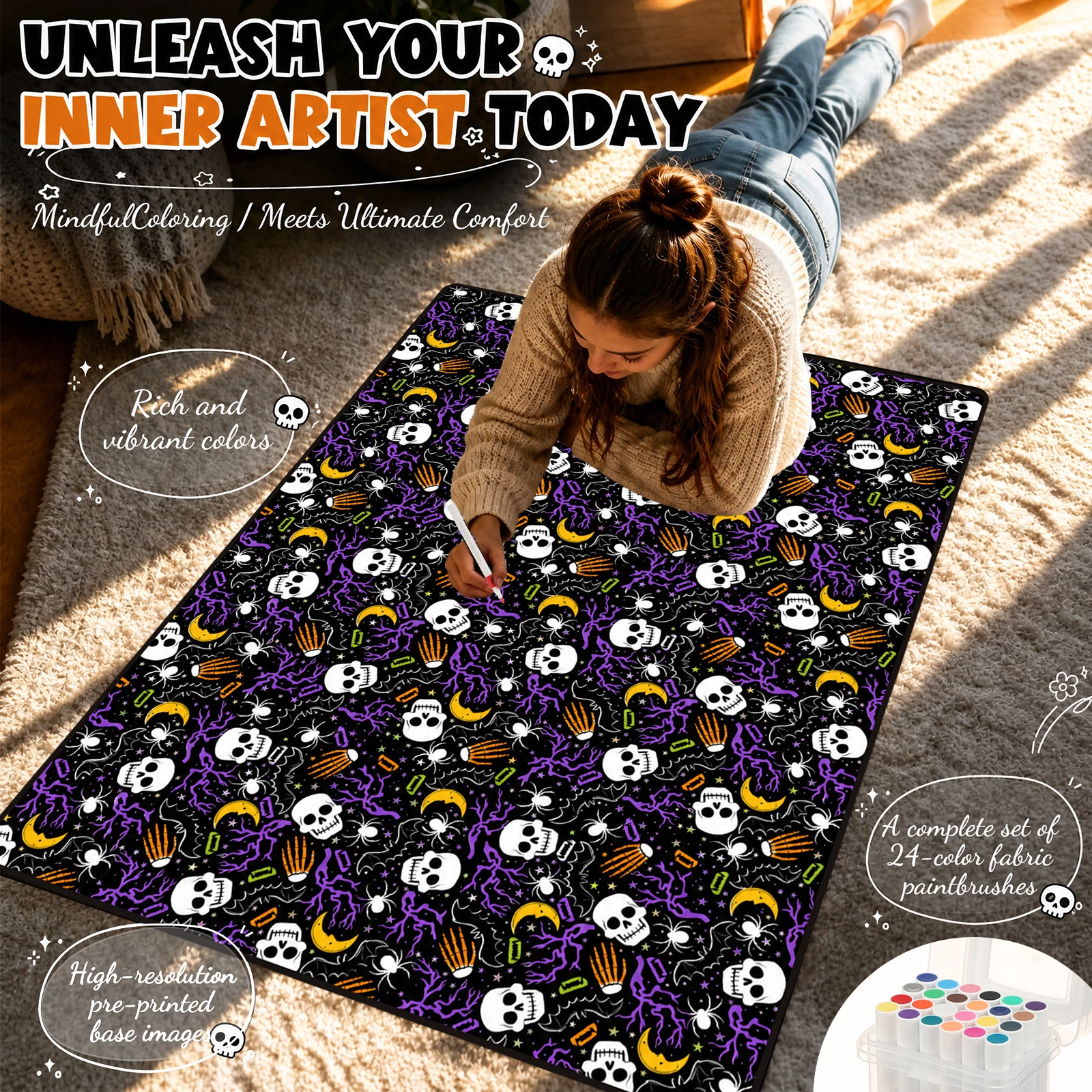 DIY Coloring Blanket with 24 Colored Markers Washable Reusable Blanket Stress Relief Unique  Decor Gift for Adult Teen Children