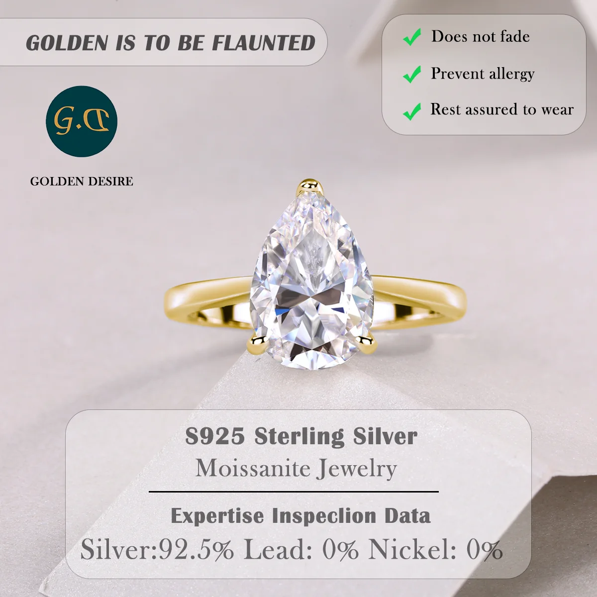 2.5ct Pear-Cut Moissanite Solitaire Ring, S925 Sterling Silver, 18K Gold-Plated, Hypoallergenic, Luxurious and Elegant Design