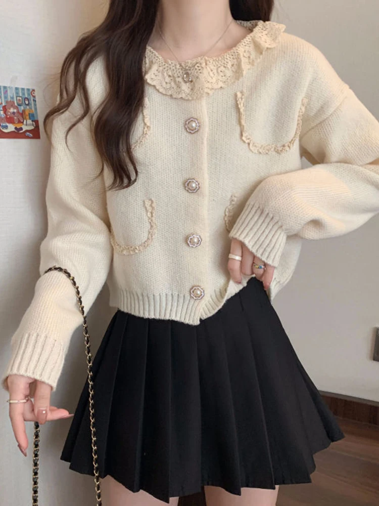 

Jmprs Sweet Korean Women Lace Patchwork Cardigan Fashion Long Sleeve Buttons Knitted Sweaters Elegant Casual Loose Lady Outwear