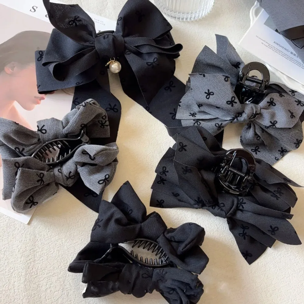 Funny Silk Ribbon Grey Cloth Shark Clip Pearl Satin Bow Hair Clip Acrylic Black Autumn Winter Hair Accessories Daily