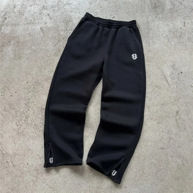 Y2k Street Trendy Hosen für Damen, Hip-Hop-Stickerei, Unisex Freizeithosen, elastischer Bund, Reißverschluss, locker geschnittene, einfarbige Sport-Sweatpants – Detail 14
