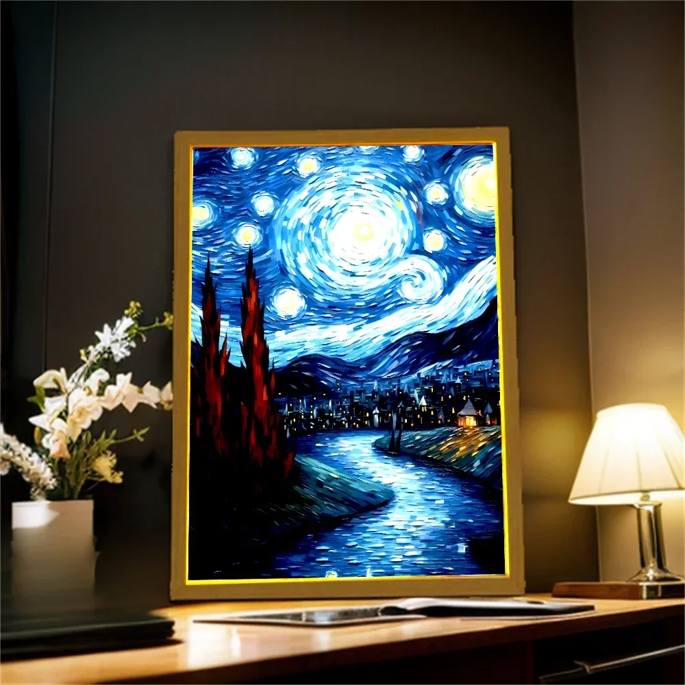 Light Painting Picture Frame Led Night Light Moon Lamp Van Gogh Starry Sky Wall Art Oficina Bedroom Home Room Decor Friend Gifts