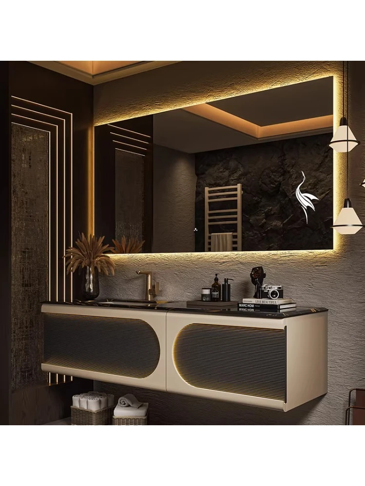 

Solid wood carving modern simple bathroom cabinet combination luxury stone ceramic integrated basin bathroom washbasin