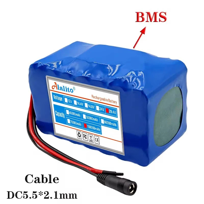 7s4p bateria de iões de lítio com built-in BMS, 24V, 100Ah, 29.4V, bicicleta elétrica, monociclo, scooter, cadeira de rodas, Motor + 2a carregador