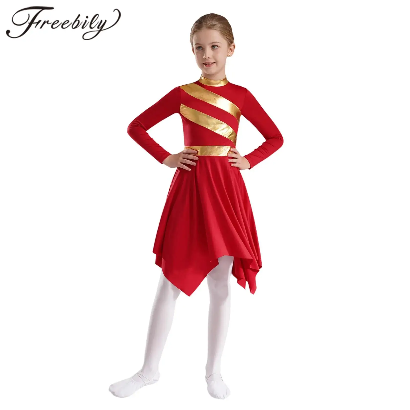 Kids Girls Praise Dance Dresses Choir Liturgical Costume Dress Metallic Patchwork Asymmetrical Hem Lyrical Worship Dancewear