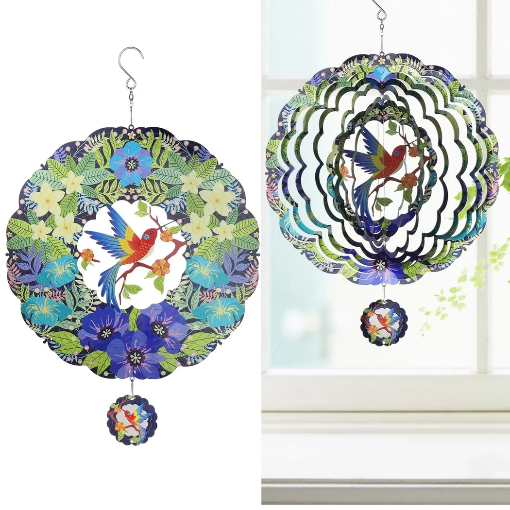 Hanging Hummingbird Wind Spinner 11.4in 3D Hummingbird Wind Spinner Stainless Steel Precisely Cut Geometric Hanging Decoration