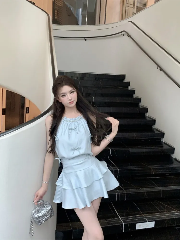 

Новый летний сексуальный висячий топ для похудения, юбка из двух предметов, модный комплект из двух предметов, женская одежда, чувственная повседневная одежда