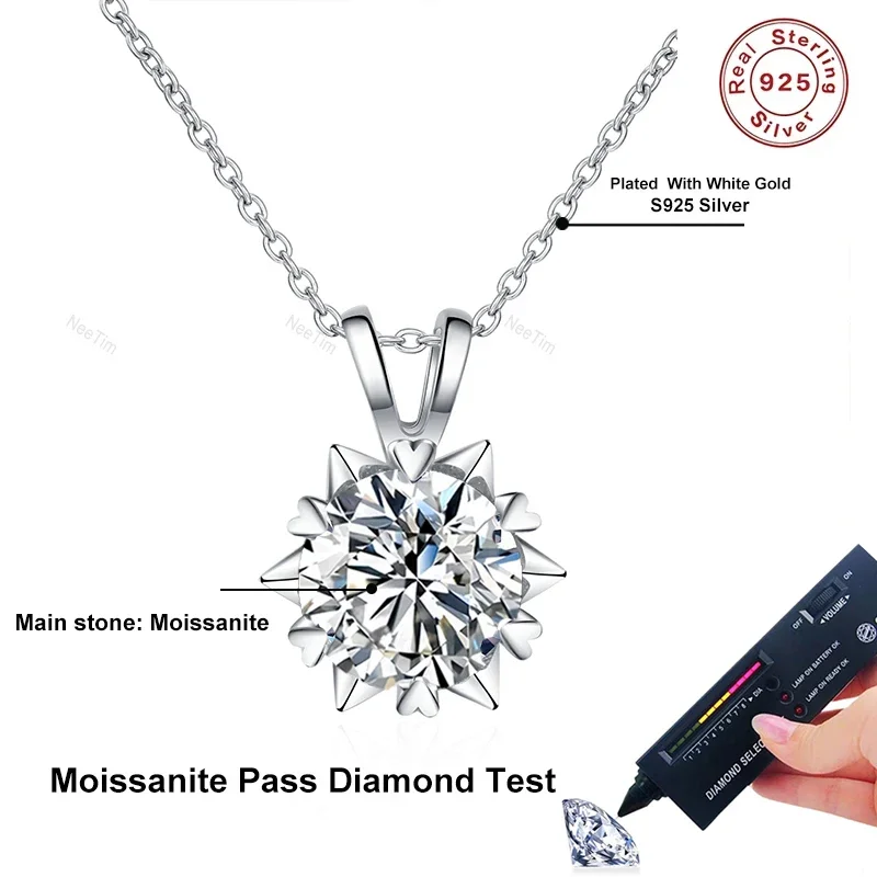 NeeTim 1-3ct Moissanite Snowflake Pendant Necklaces for Women 925 Sterling Silver with White Gold Plated Wedding Bridal Necklace