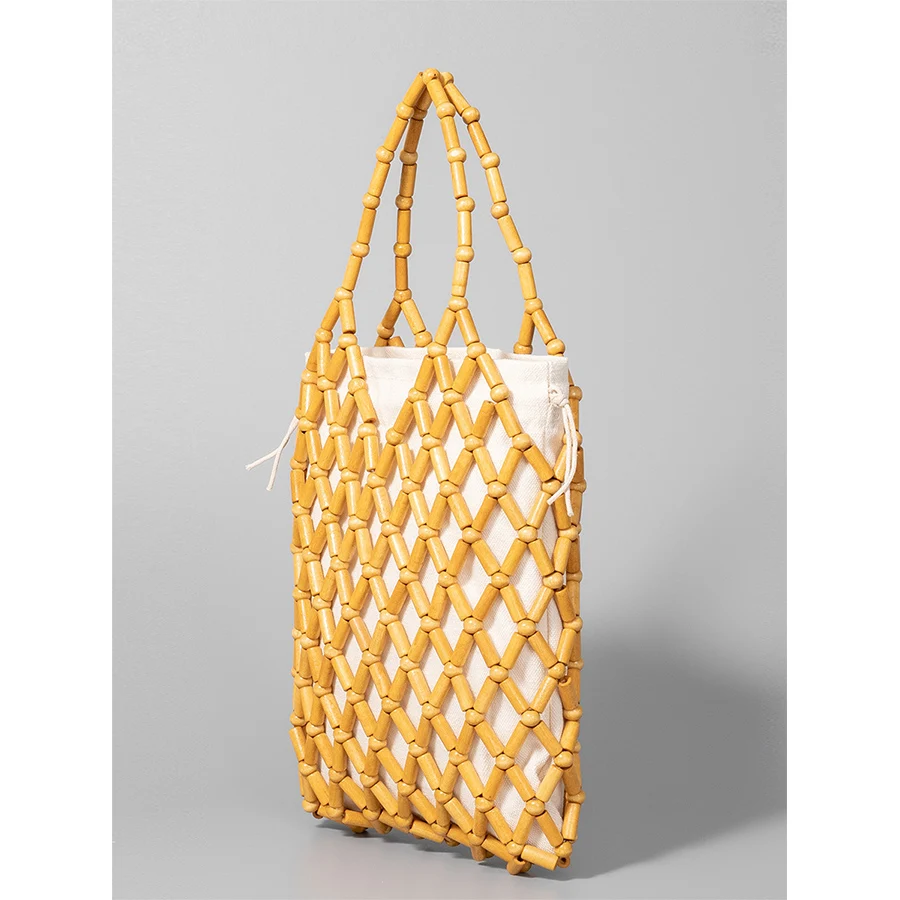 New arrive hollow out woven bag Wooden bead hand bag for summer beach female Reticulate handbag netted canvas beach totes bolsos