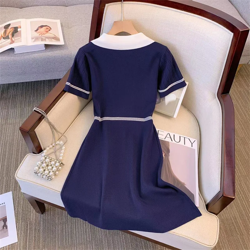 French Style Women\'s Dress Fashion New A-line Knitted Dresses for Women Polo Zipper Collar High Waist Short-sleeved Y2k Dress