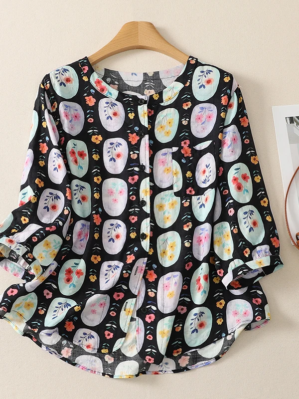 

High-End Retro Artistic Women's Loose Casual Floral Print Short Sleeve Shirt plus Size Breathable Summer Fashion Trend