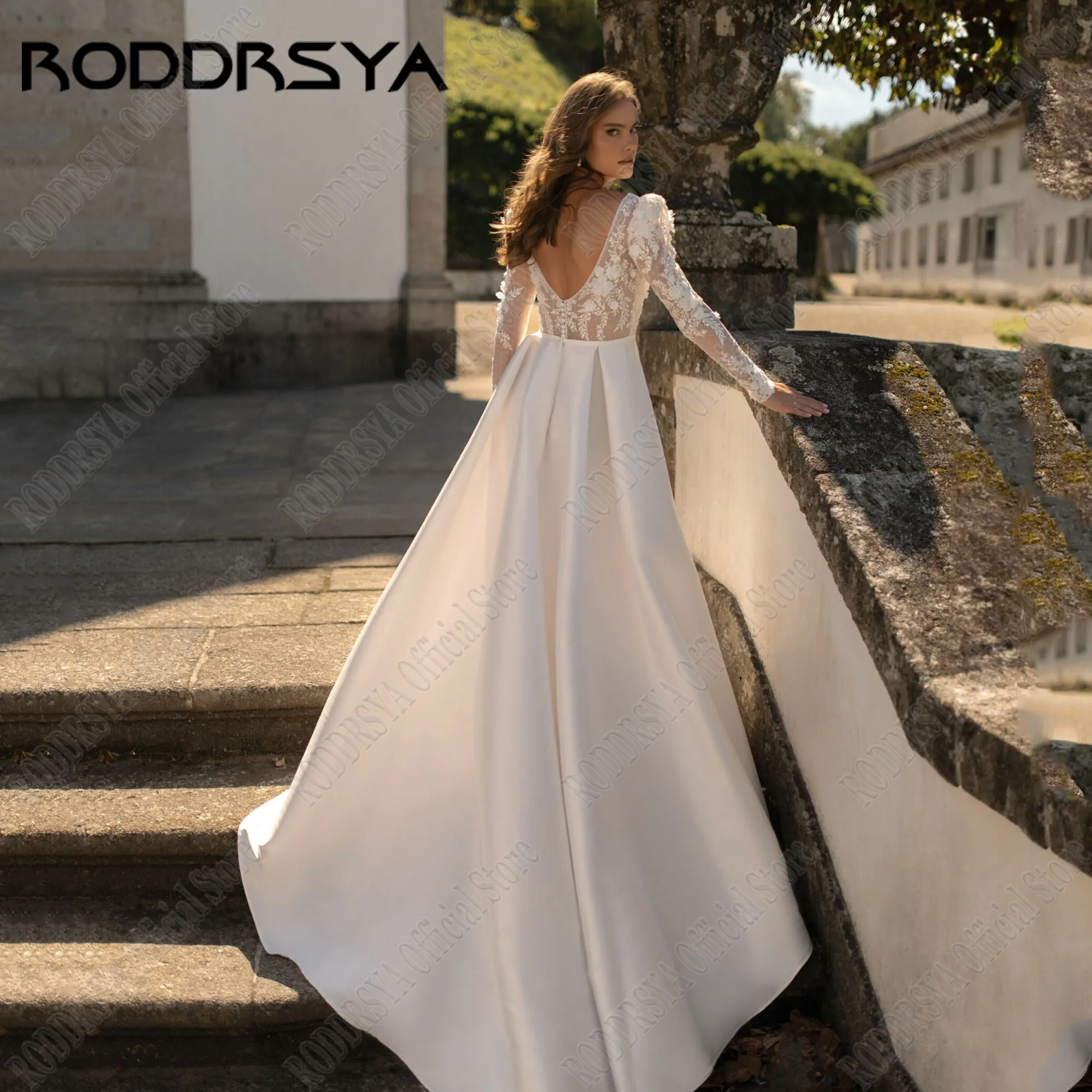 RODDRSYA Vintage ซาติน Gowns แต่งงานแขนยาวดูผ่านชุดเจ้าสาวสําหรับผู้หญิง Elegant A-Line ชุดแต่งงานที่กําหนดเอง