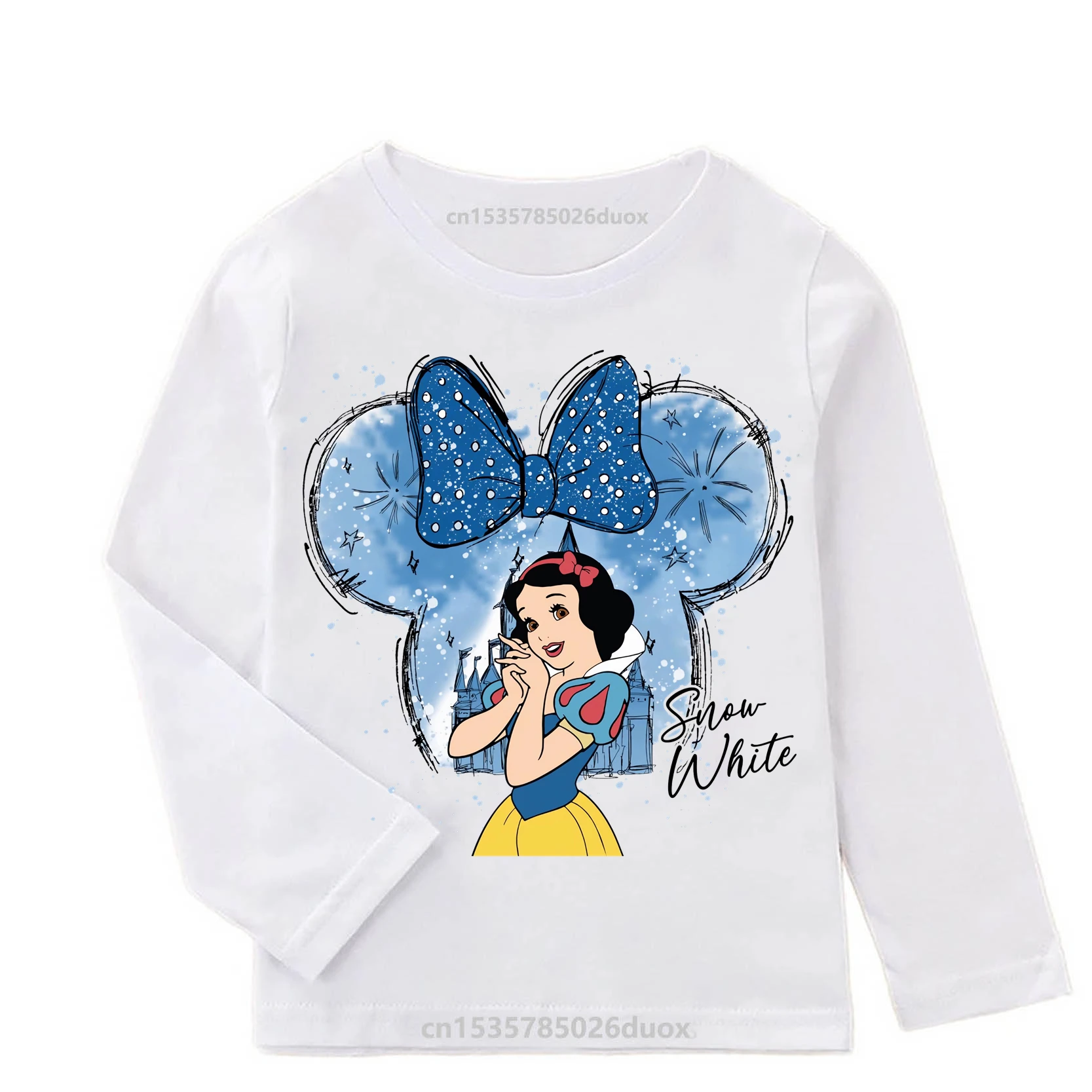 Watercolor Princess Snow White Belle Elsa Ariel with Mouse Ear Girl Long Sleeve T-Shirt Cute Disney Princess Kawaii Girl Clothes