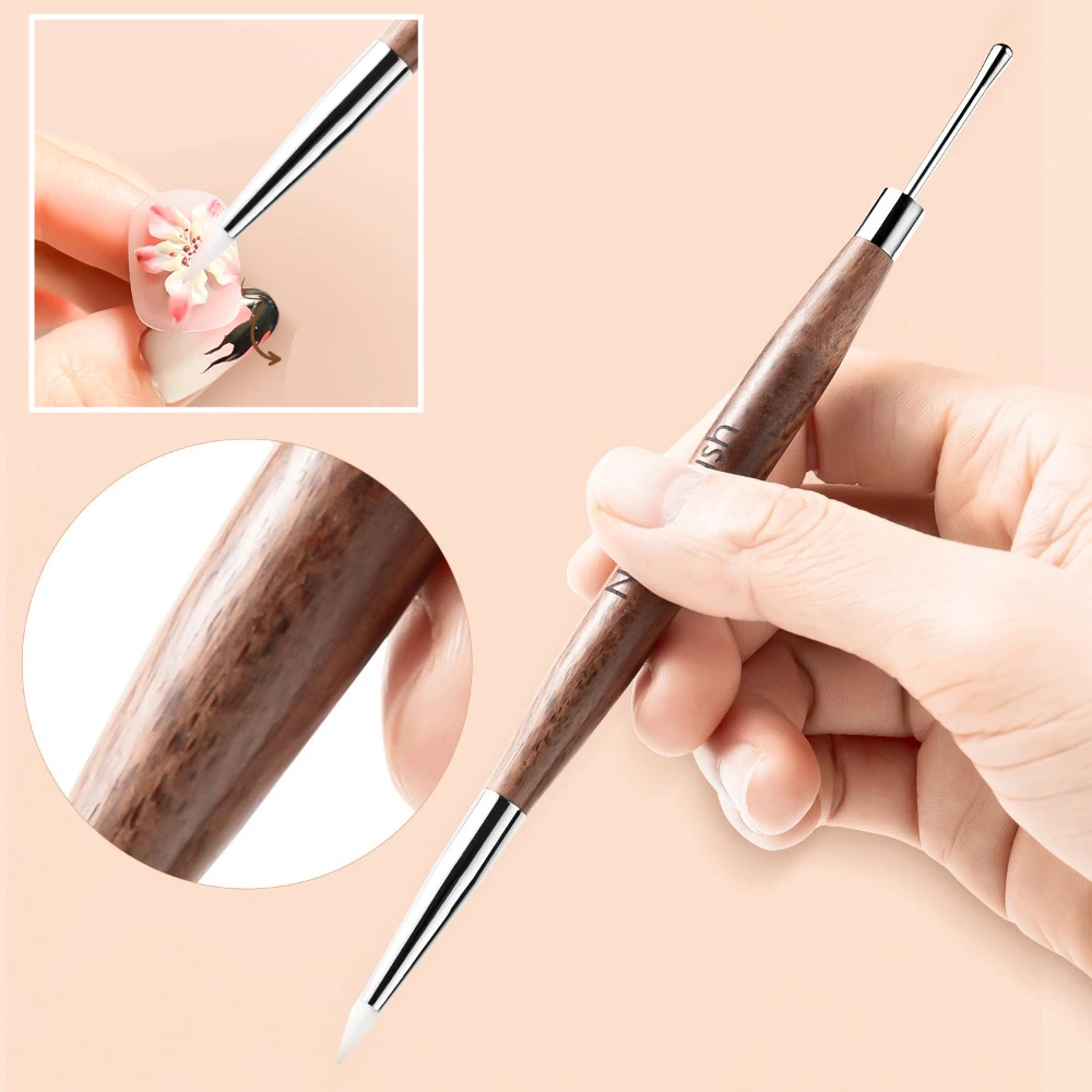 

1Pc Double Head Nail Art Glue Brush Sandalwood Handle Engraving Flower Sculpting Painting Phototherapy Pen Manicure Tools