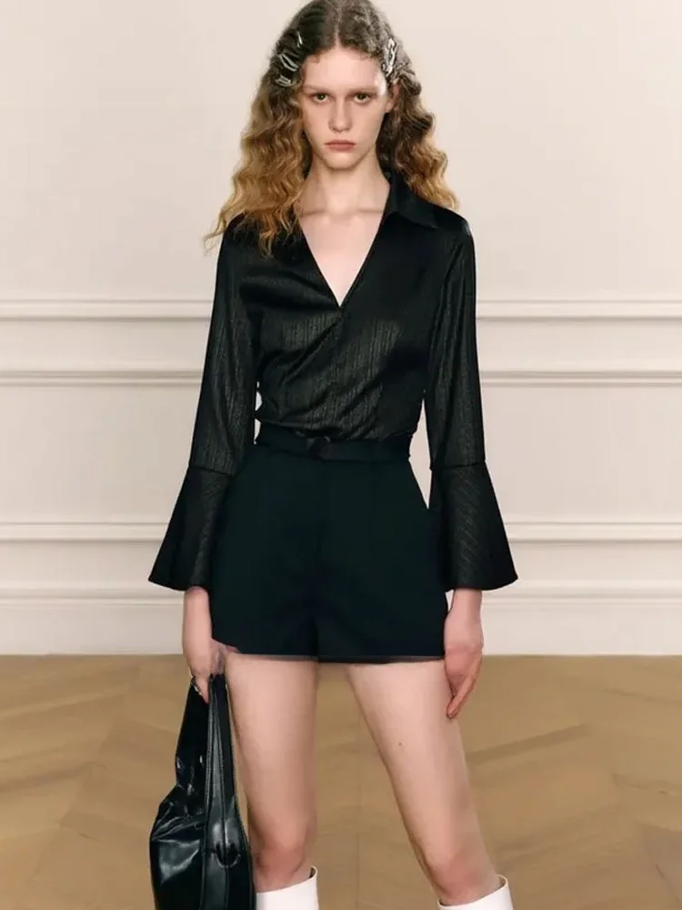 

ZhuoZhi Premium Texture Sensation irt Commute Bell Sve V-Ne Women's irt Autumn New Sle Long Sve Slim Fit