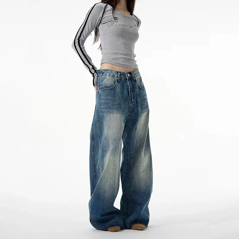 Jeans lavados retrô da moda europeia e americana, novas calças soltas de pernas largas femininas primavera e outono, jeans casuais até o chão