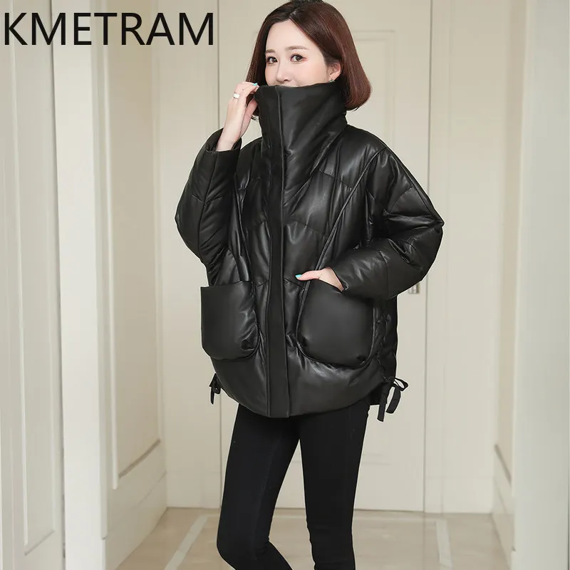 100% 양피 다운 코트 여성 스탠드 칼라 정품 가죽 블랙 퍼퍼 자켓 2025 겨울 의류 여성 겉옷 пуховик