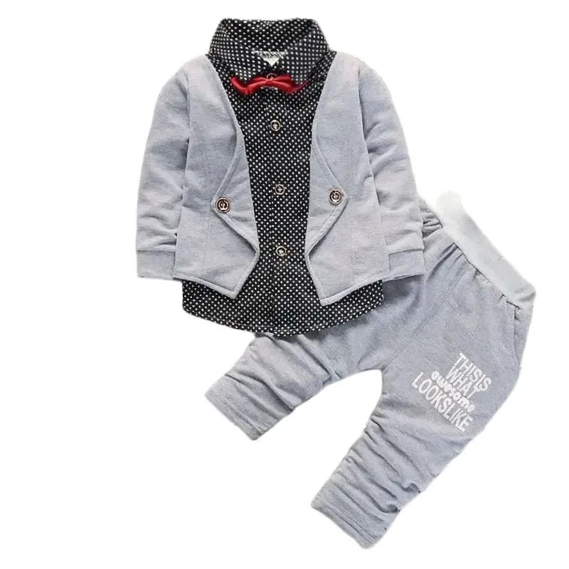 Spring and Autumn New Boys\' Dot Colored Bow Knot Long Sleeve Pants Gentleman Two Piece Wedding Flower Children Polo Set for 1-5Y