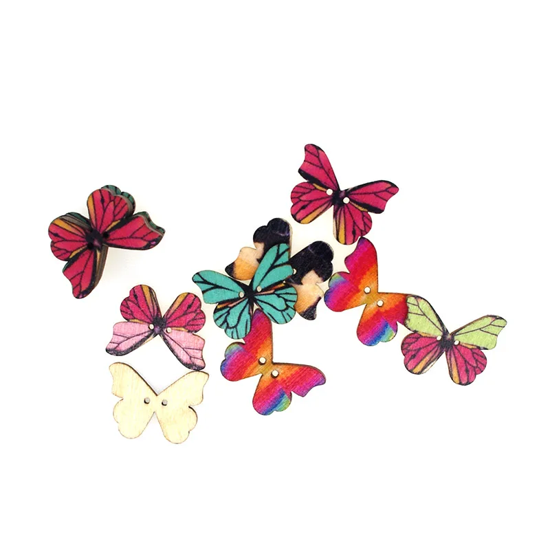 30PCs Wooden Sewing Buttons Scrapbooking Butterfly Mixed Two Holes Pattern 28x20mm Costura Botones bottoni botoes