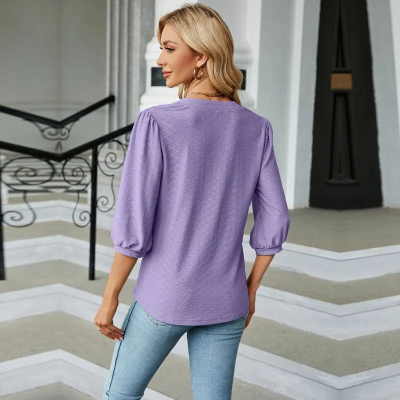 Women's Loose T-shirt New Solid Color V-neck Seven-quarter Sleeve Top Fashionable and Versatile
