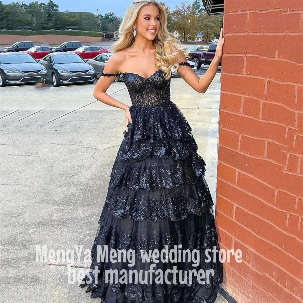 Zhuishu inchado ouro vestido de noite fora do ombro vestidos de noche querida em camadas vestido de baile apliques vestido de festa personalizado