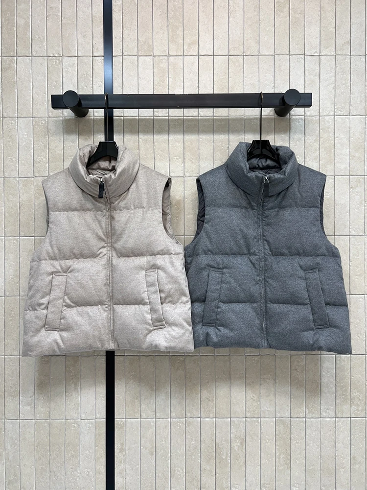 Autumn Winter Fashion Outdoors White Simplicity Down Waistcoat Women's Solid Color Stand Collar Sleeveless Straight Barrel Coat
