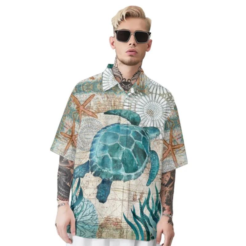 

Turtles Print Shirt Men's Hawaiian Beach Chest Pocket Shirt Casual Short Sleeve Daily Smart Business Shirt For Men