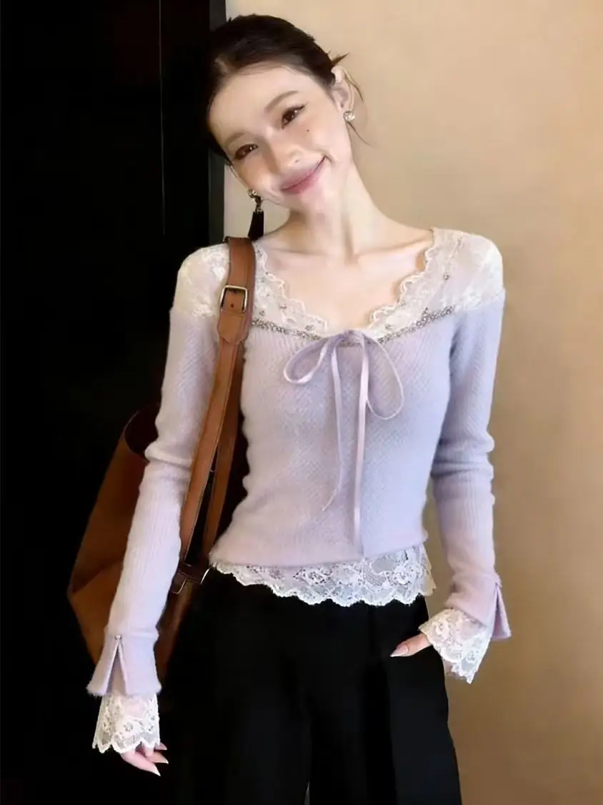 Women Fluffy Soft Lace Spliced Long Sleeve Top Innocent‑allure Basic Undershirt Casual Layering Autumn Winter Shirts