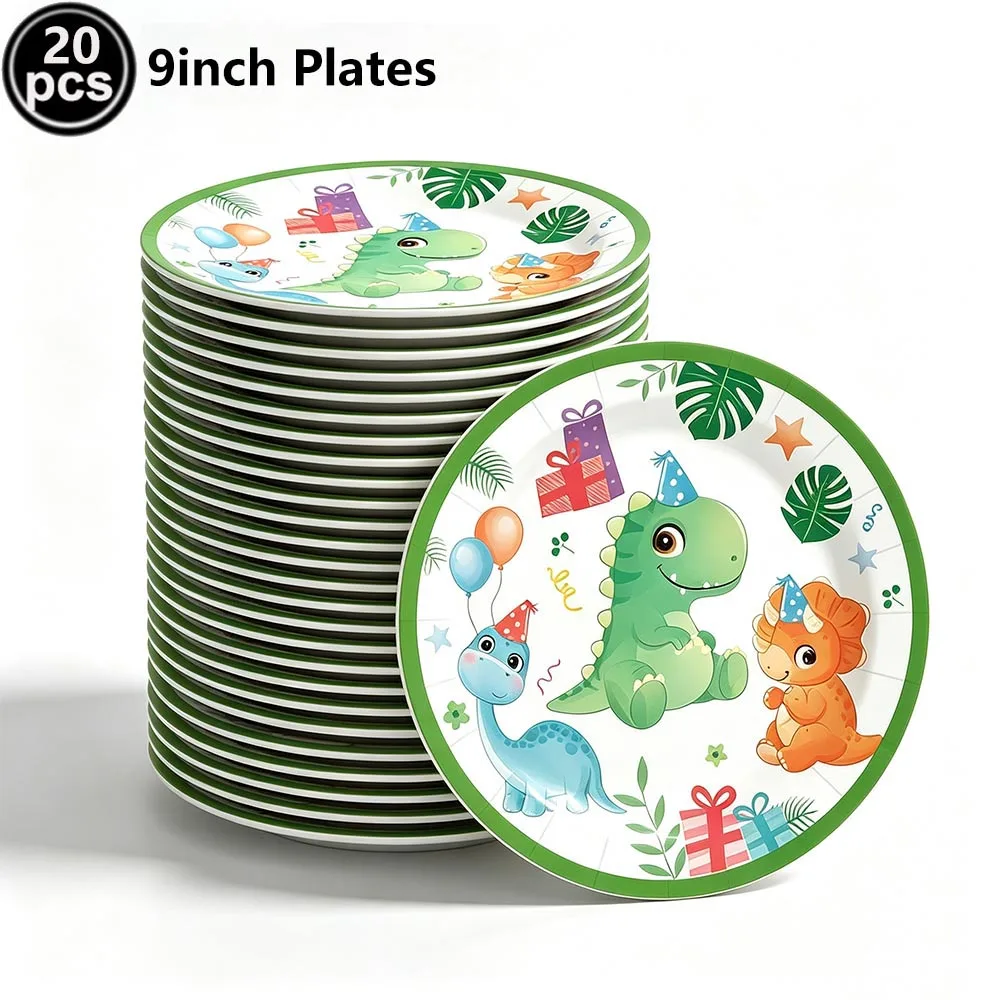 Cute Cartoon Green Dinosaur Disposable Tableware Paper Plates Cups Napkins Tablecloth Birthday Party Baby Shower Decor Supplies view 5