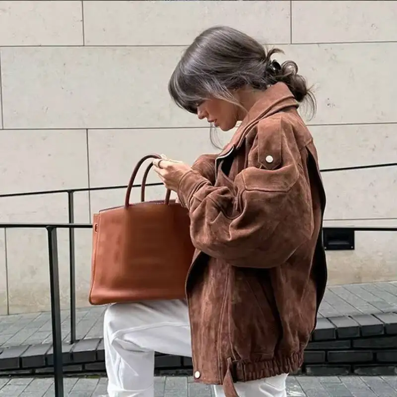 

Chic Brown Faux Suede Cropped Casual Coat Vintage Lapel Solid Zipper Short Jacket 2025 Autumn Woman New Padded Shoulder Jackets