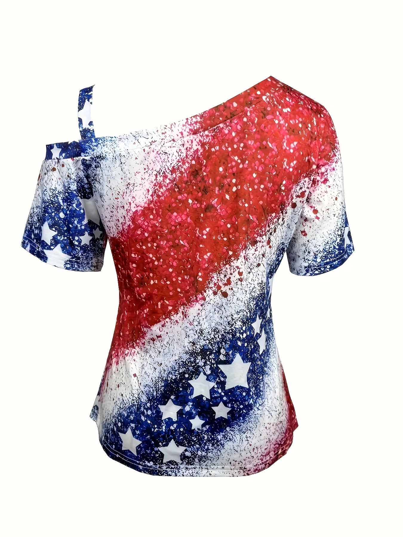 Ladies' Asymmetrical Collar Short-Sleeved Polyester T-Shirt with National Flag Star Stripe Print, Regular Length