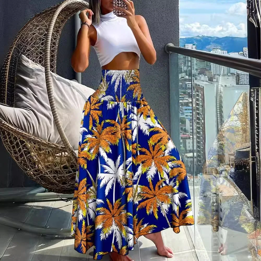 Women's High Waist Palm Tree Print Maxi Skirt Elastic Waist Flowy Beach Vacation Summer Long Skirt